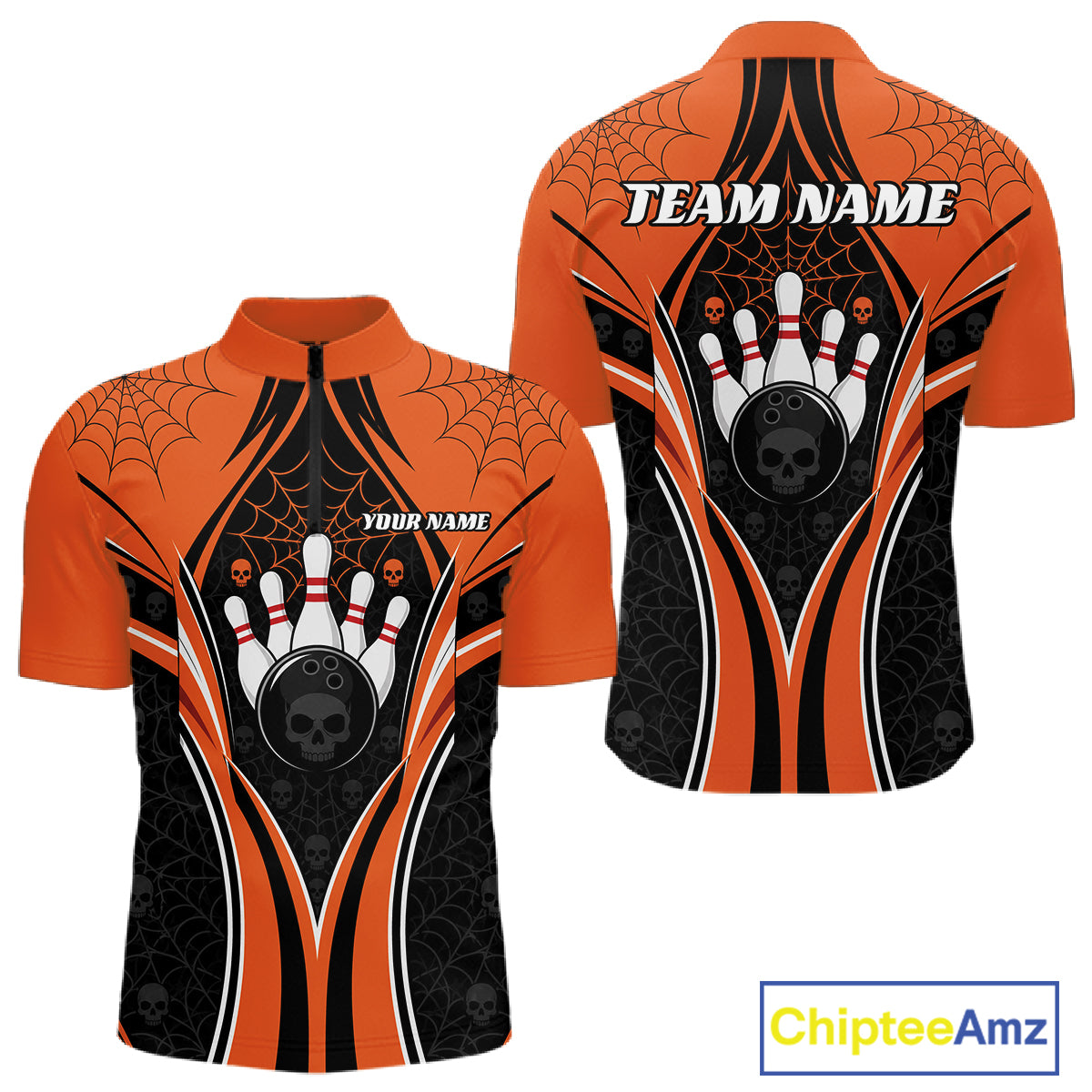Custom Black And Orange Skull Bowling Ball And Spider Web Halloween Men Quarter Zip Shirt IPHW11987