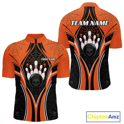 Custom Black And Orange Skull Bowling Ball And Spider Web Halloween Men Quarter Zip Shirt IPHW11987