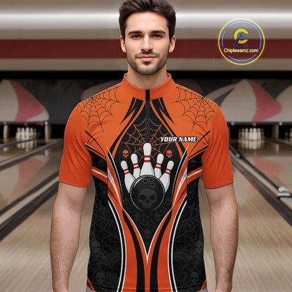 Custom Black And Orange Skull Bowling Ball And Spider Web Halloween Men Quarter Zip Shirt IPHW11987