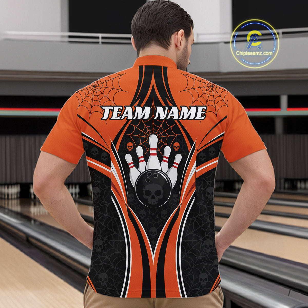 Custom Black And Orange Skull Bowling Ball And Spider Web Halloween Men Quarter Zip Shirt IPHW11987