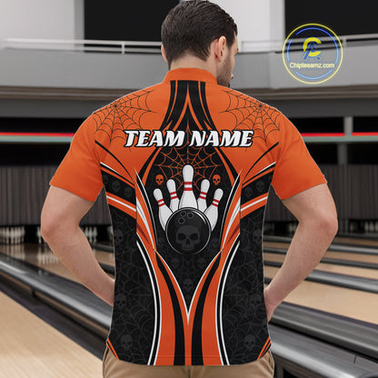 Custom Black And Orange Skull Bowling Ball And Spider Web Halloween Men Quarter Zip Shirt IPHW11987