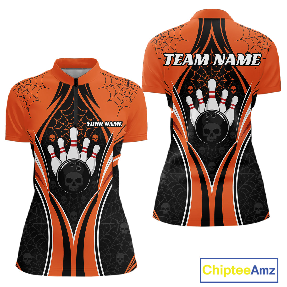 Custom Orange Skull Bowling Ball And Spider Web Halloween Women Quarter-Zip Shirt IPHW11987