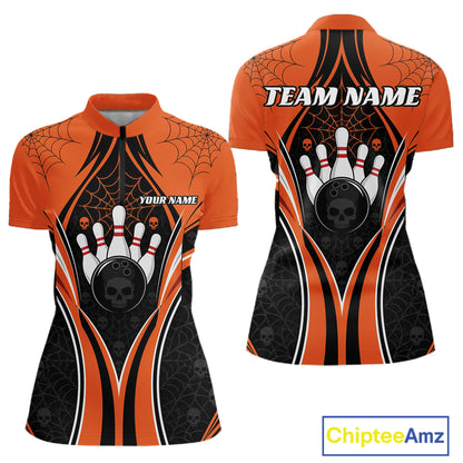 Custom Orange Skull Bowling Ball And Spider Web Halloween Women Quarter-Zip Shirt IPHW11987