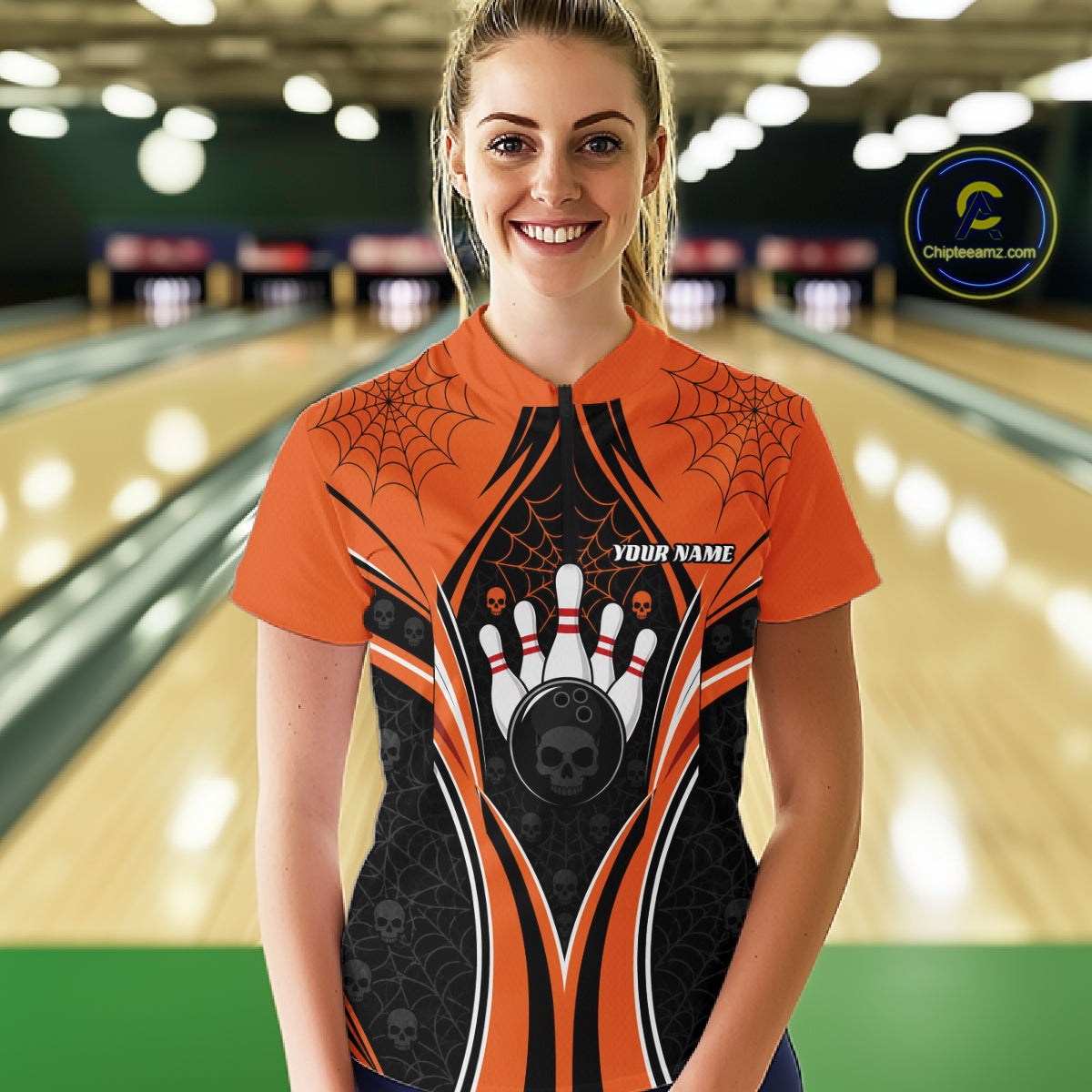 Custom Orange Skull Bowling Ball And Spider Web Halloween Women Quarter-Zip Shirt IPHW11987