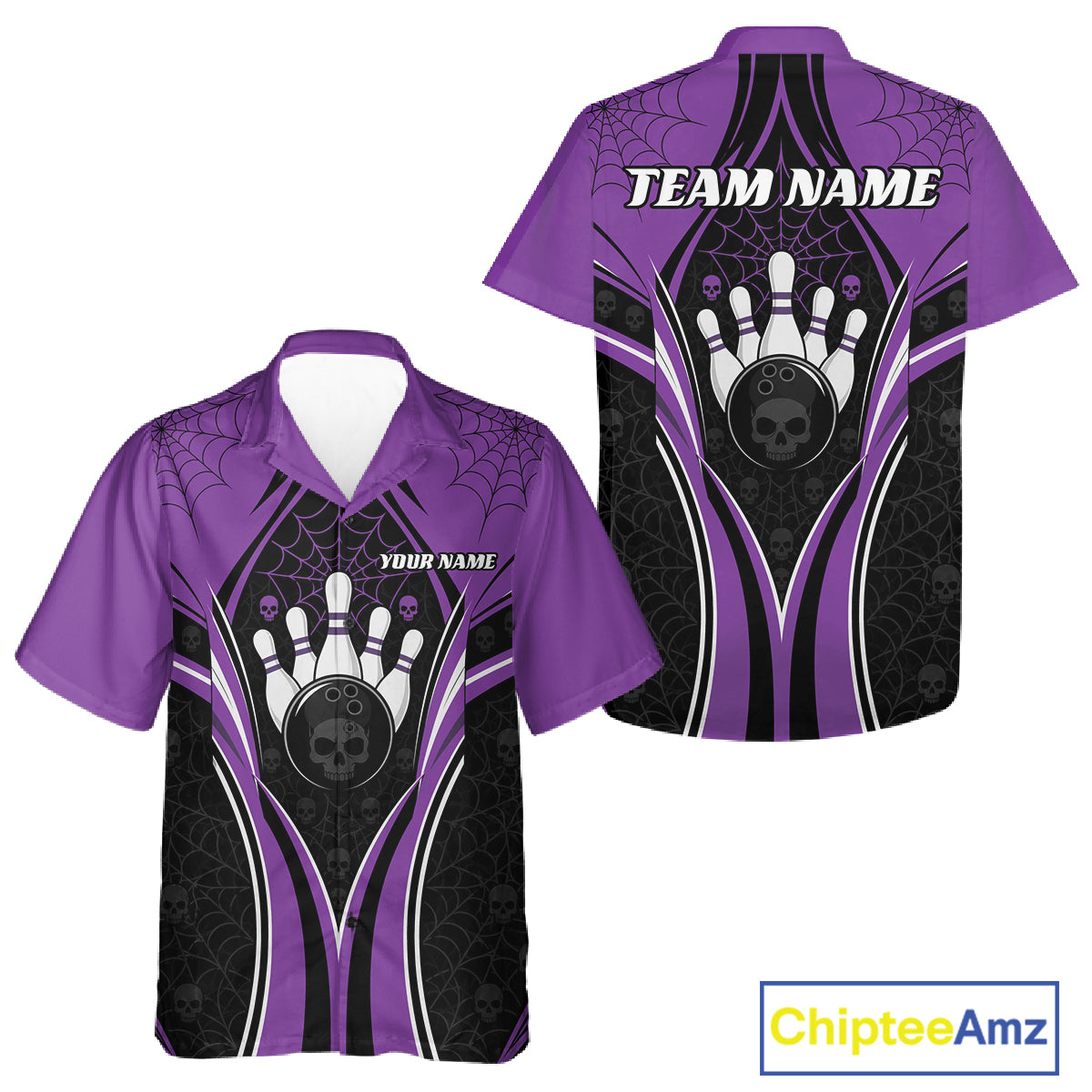 Custom Black And Purple Skull Bowling Ball And Spider Web Halloween Men And Women Button Up Shirt IPHW11988
