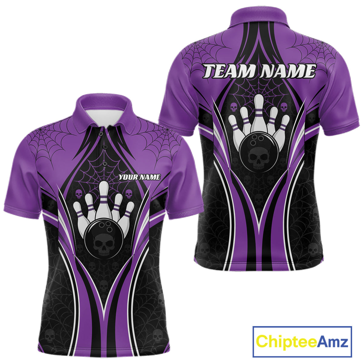 Custom Black And Purple Skull Bowling Ball And Spider Web Halloween Men Polo Shirt IPHW11988