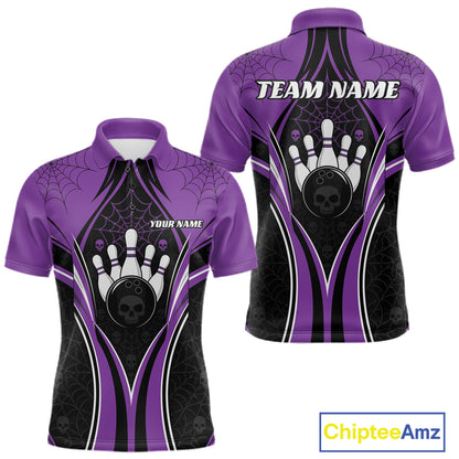 Custom Black And Purple Skull Bowling Ball And Spider Web Halloween Men Polo Shirt IPHW11988