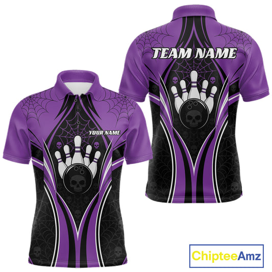 Custom Black And Purple Skull Bowling Ball And Spider Web Halloween Men Polo Shirt IPHW11988