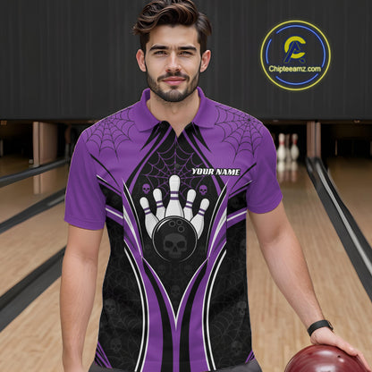 Custom Black And Purple Skull Bowling Ball And Spider Web Halloween Men Polo Shirt IPHW11988