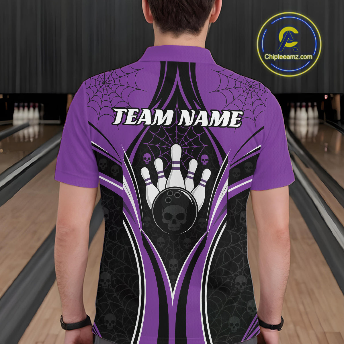 Custom Black And Purple Skull Bowling Ball And Spider Web Halloween Men Polo Shirt IPHW11988