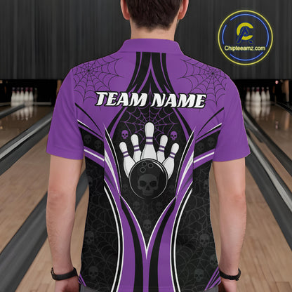 Custom Black And Purple Skull Bowling Ball And Spider Web Halloween Men Polo Shirt IPHW11988