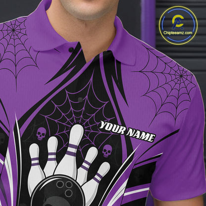 Custom Black And Purple Skull Bowling Ball And Spider Web Halloween Men Polo Shirt IPHW11988