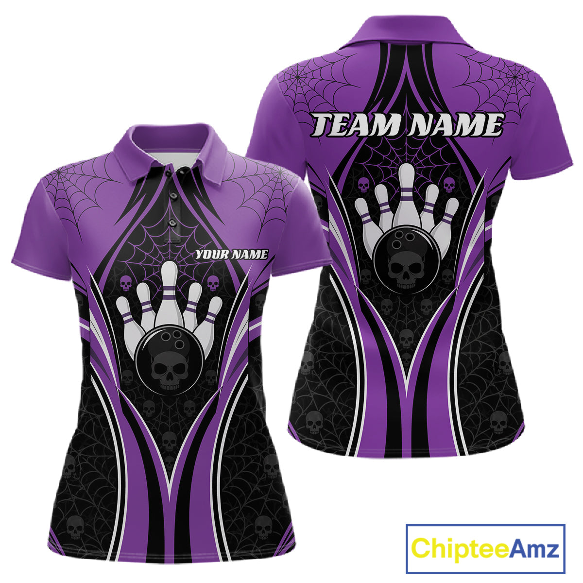 Custom Black And Purple Skull Bowling Ball And Spider Web Halloween Women Polo Shirt IPHW11988