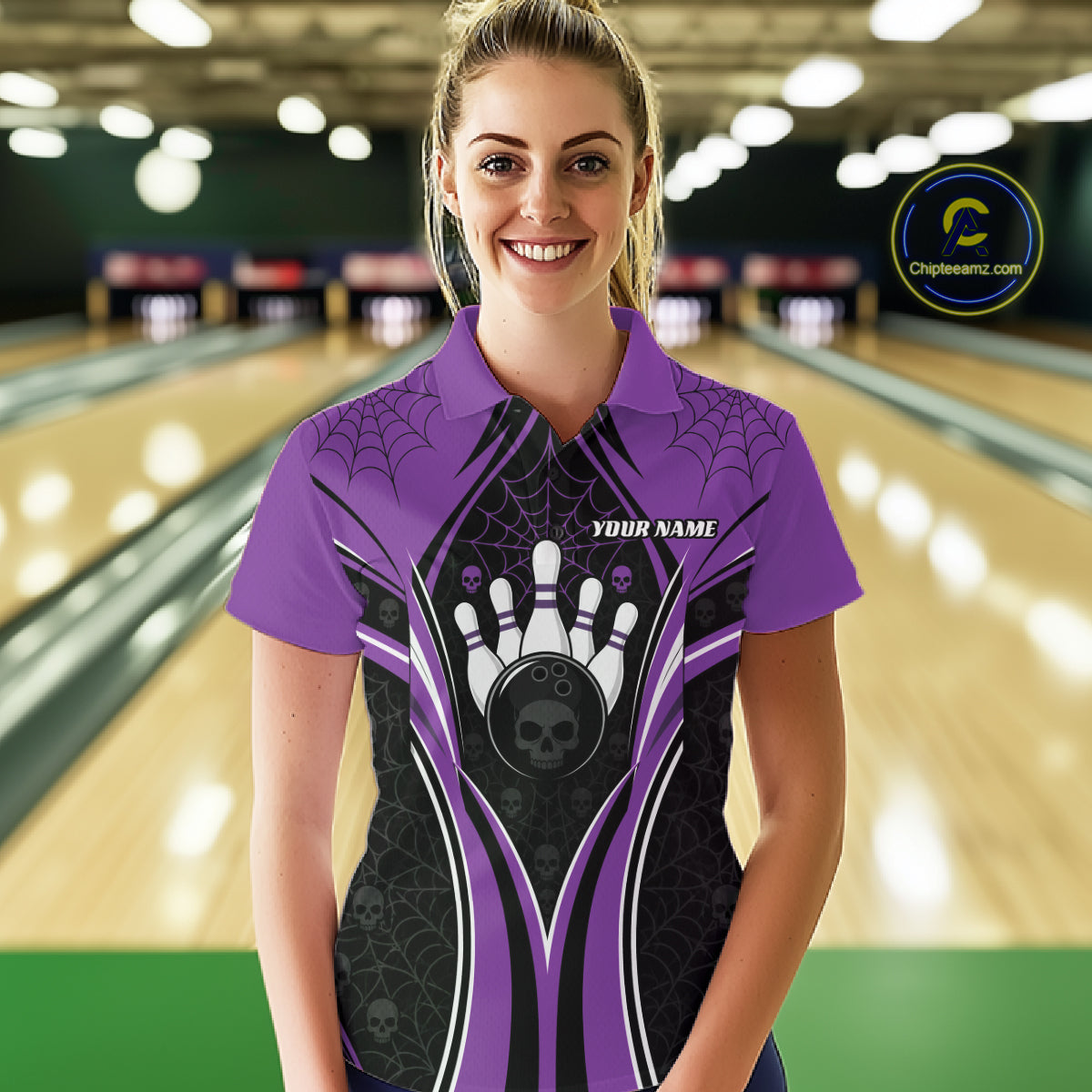Custom Black And Purple Skull Bowling Ball And Spider Web Halloween Women Polo Shirt IPHW11988