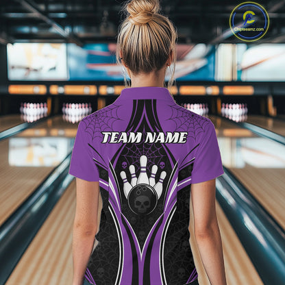 Custom Black And Purple Skull Bowling Ball And Spider Web Halloween Women Polo Shirt IPHW11988