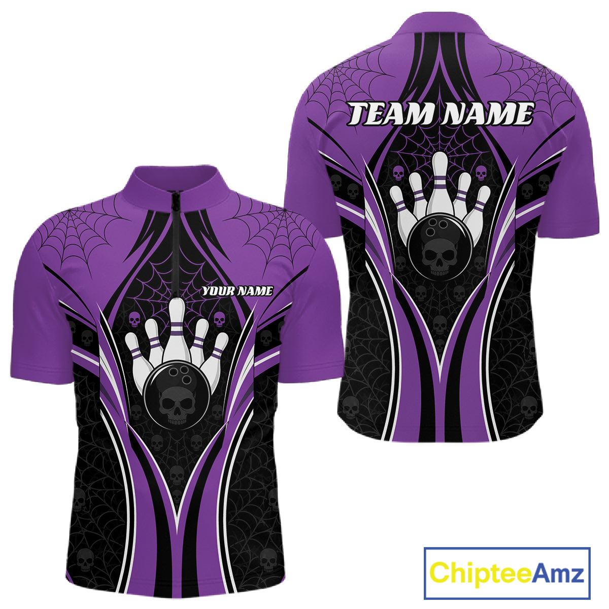 Custom Black And Purple Skull Bowling Ball And Spider Web Halloween Men Quarter Zip Shirt IPHW11988