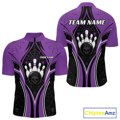 Custom Black And Purple Skull Bowling Ball And Spider Web Halloween Men Quarter Zip Shirt IPHW11988