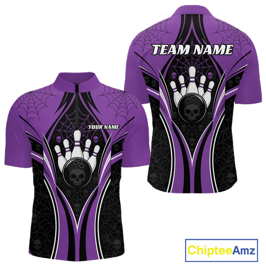 Custom Black And Purple Skull Bowling Ball And Spider Web Halloween Men Quarter Zip Shirt IPHW11988