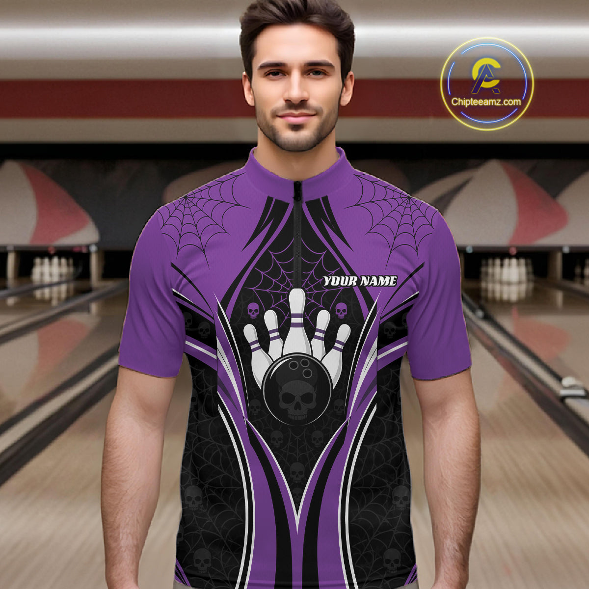 Custom Black And Purple Skull Bowling Ball And Spider Web Halloween Men Quarter Zip Shirt IPHW11988