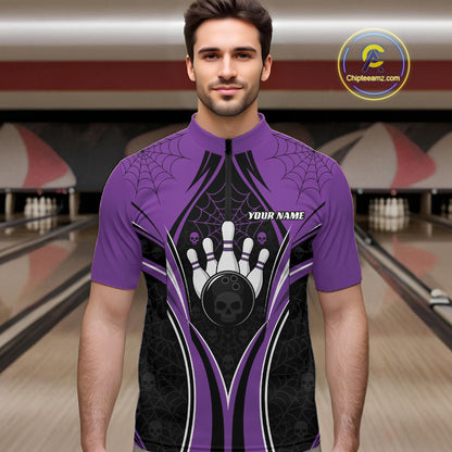 Custom Black And Purple Skull Bowling Ball And Spider Web Halloween Men Quarter Zip Shirt IPHW11988