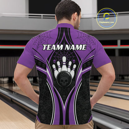 Custom Black And Purple Skull Bowling Ball And Spider Web Halloween Men Quarter Zip Shirt IPHW11988