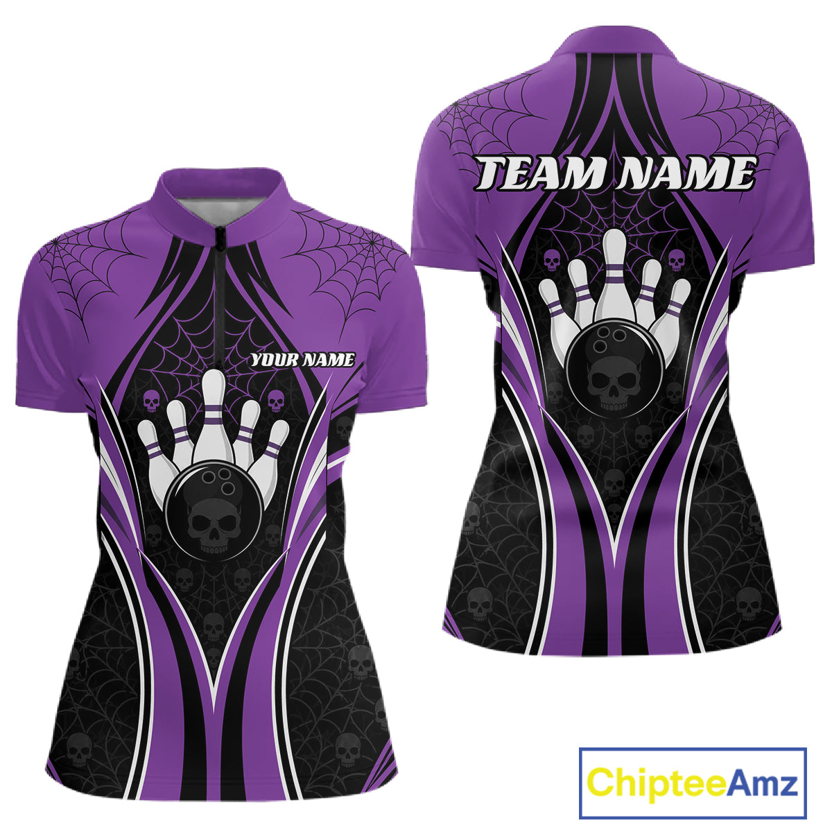 Custom Purple Skull Bowling Ball And Spider Web Halloween Women Quarter-Zip Shirt IPHW11988