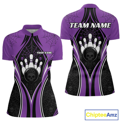 Custom Purple Skull Bowling Ball And Spider Web Halloween Women Quarter-Zip Shirt IPHW11988