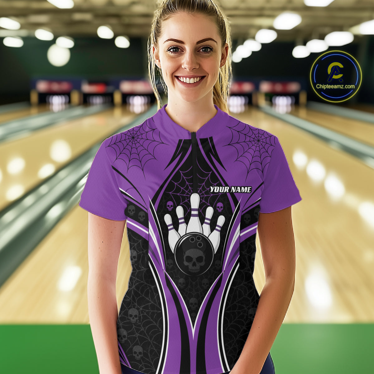 Custom Purple Skull Bowling Ball And Spider Web Halloween Women Quarter-Zip Shirt IPHW11988