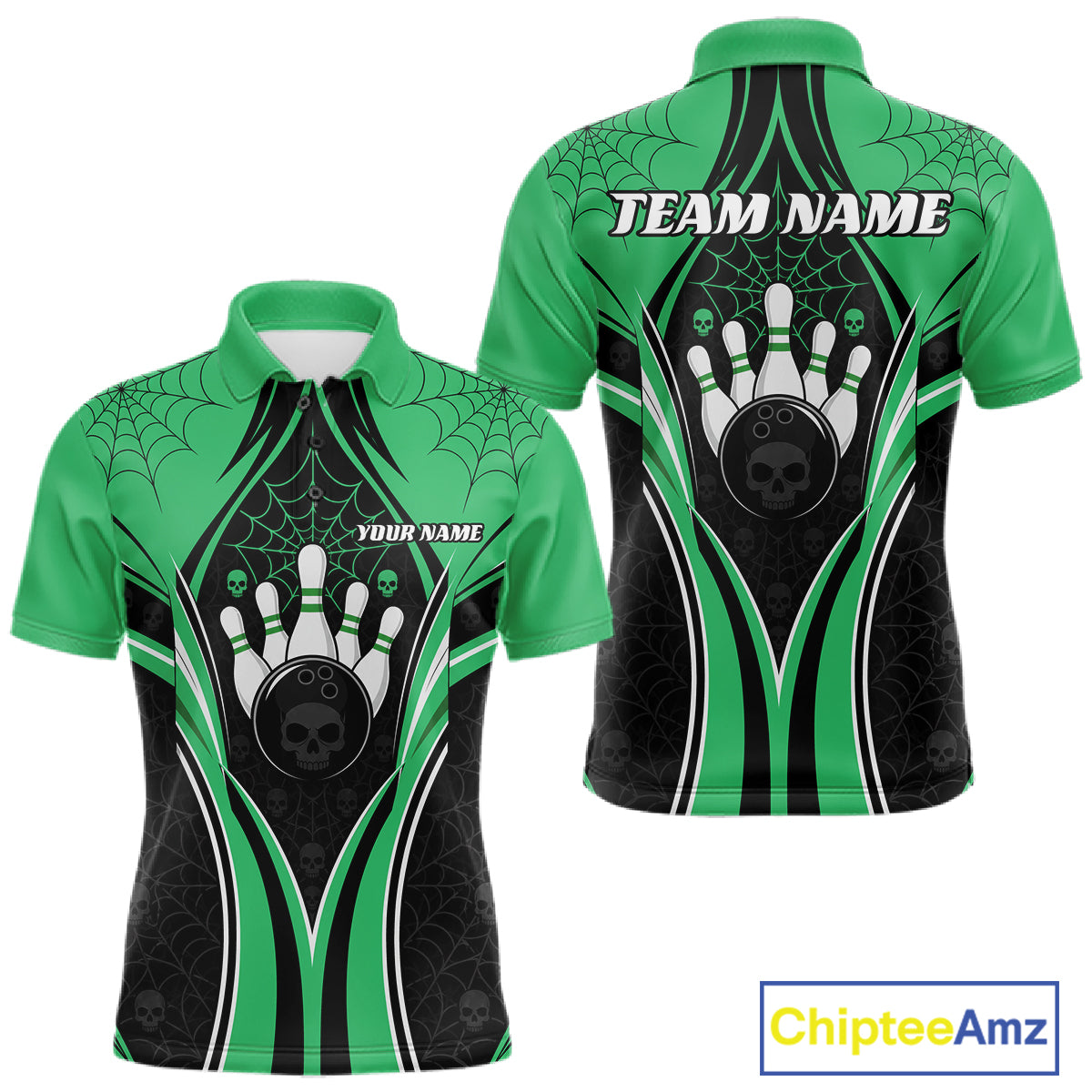Custom Black And Green Skull Bowling Ball And Spider Web Halloween Men Polo Shirt IPHW11989