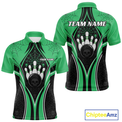 Custom Black And Green Skull Bowling Ball And Spider Web Halloween Men Polo Shirt IPHW11989