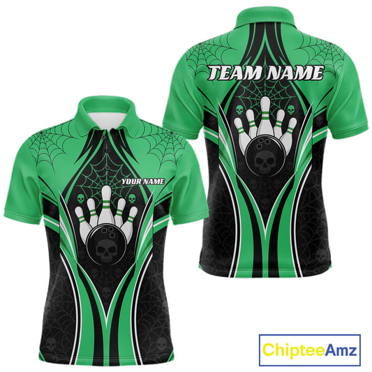 Custom Black And Green Skull Bowling Ball And Spider Web Halloween Men Polo Shirt IPHW11989