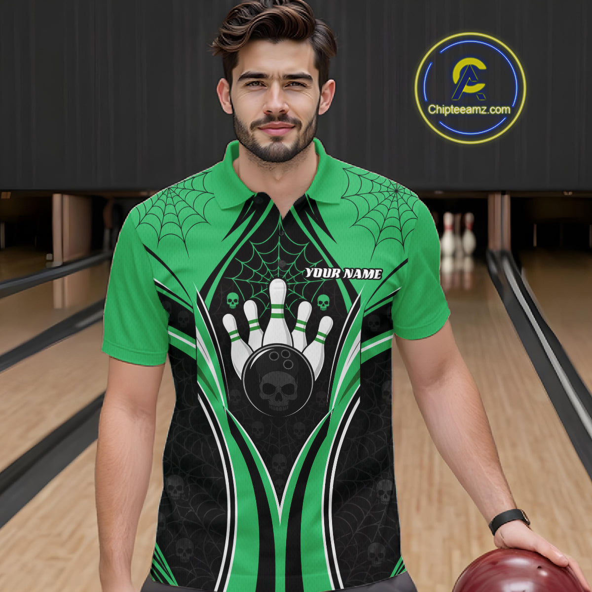 Custom Black And Green Skull Bowling Ball And Spider Web Halloween Men Polo Shirt IPHW11989