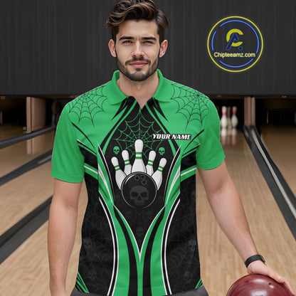 Custom Black And Green Skull Bowling Ball And Spider Web Halloween Men Polo Shirt IPHW11989