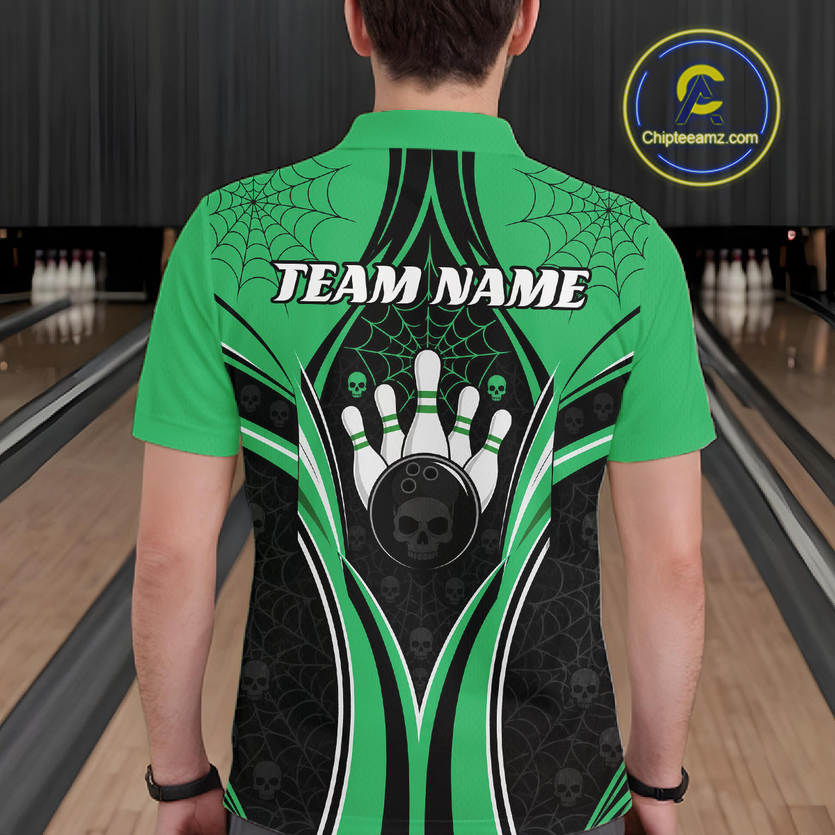 Custom Black And Green Skull Bowling Ball And Spider Web Halloween Men Polo Shirt IPHW11989