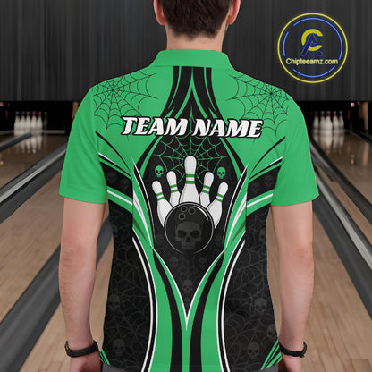 Custom Black And Green Skull Bowling Ball And Spider Web Halloween Men Polo Shirt IPHW11989