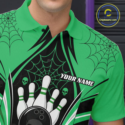 Custom Black And Green Skull Bowling Ball And Spider Web Halloween Men Polo Shirt IPHW11989
