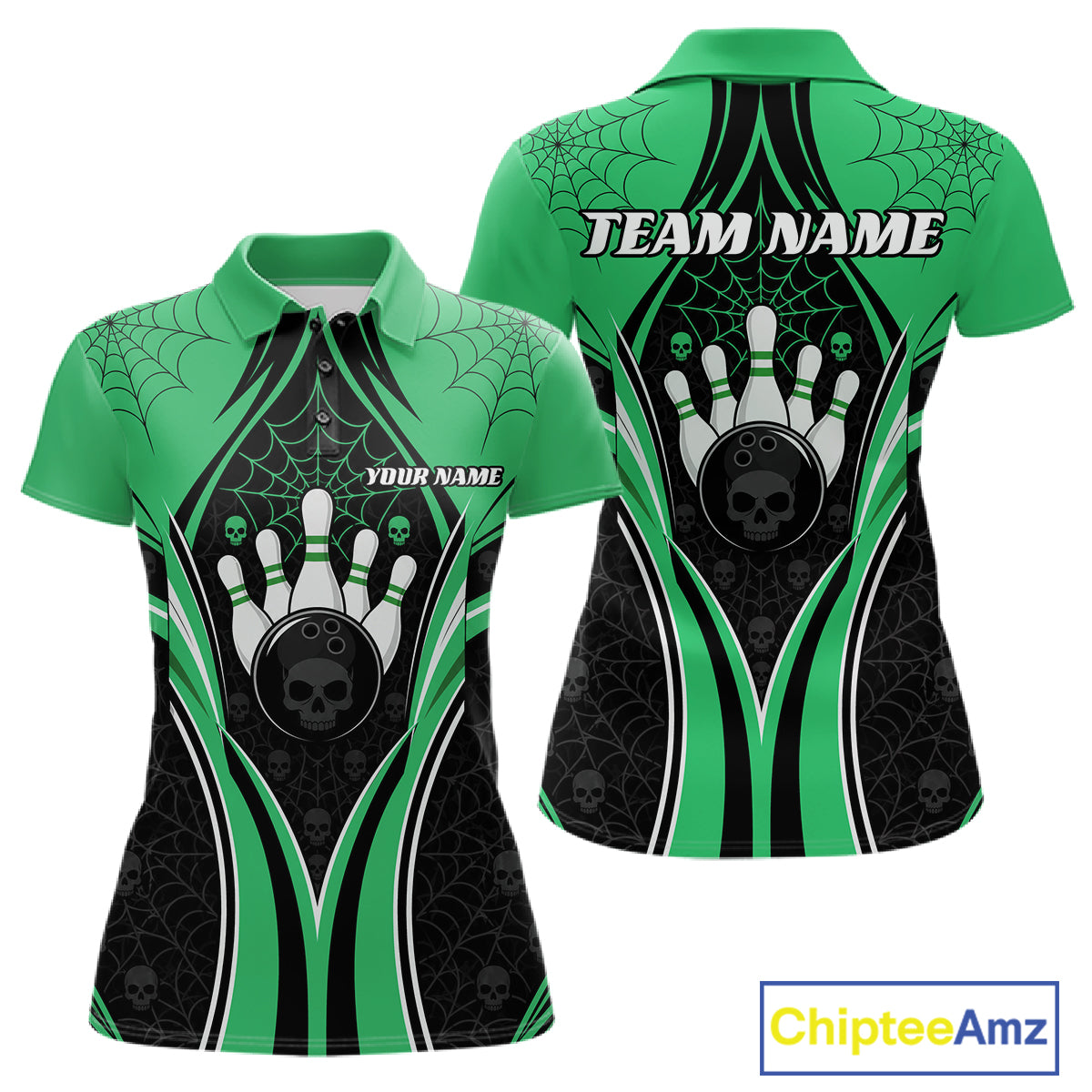 Custom Black And Green Skull Bowling Ball And Spider Web Halloween Women Polo Shirt IPHW11989