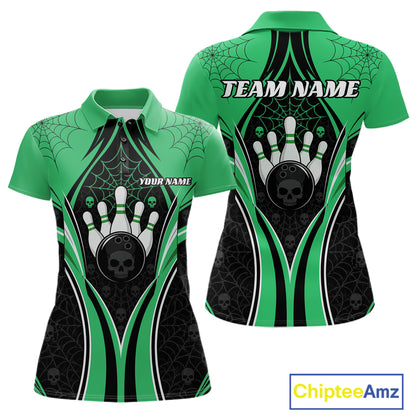 Custom Black And Green Skull Bowling Ball And Spider Web Halloween Women Polo Shirt IPHW11989