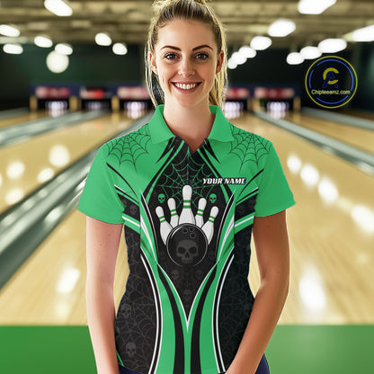 Custom Black And Green Skull Bowling Ball And Spider Web Halloween Women Polo Shirt IPHW11989