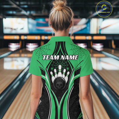 Custom Black And Green Skull Bowling Ball And Spider Web Halloween Women Polo Shirt IPHW11989