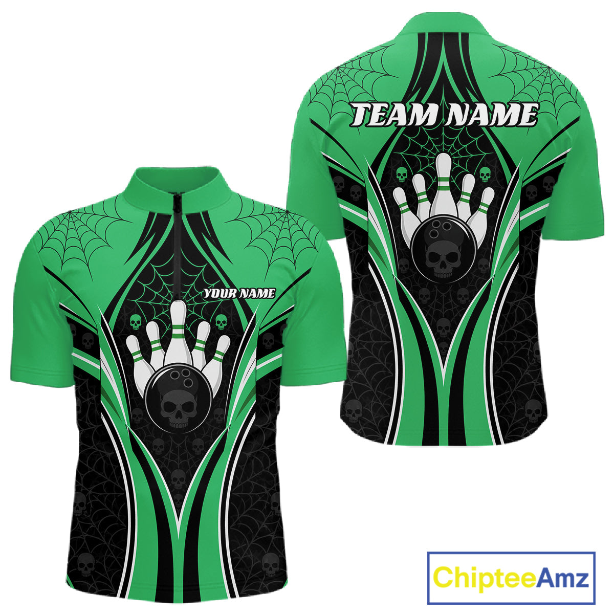 Custom Black And Green Skull Bowling Ball And Spider Web Halloween Men Quarter Zip Shirt IPHW11989