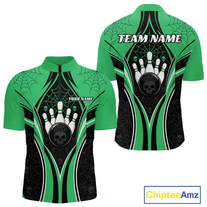 Custom Black And Green Skull Bowling Ball And Spider Web Halloween Men Quarter Zip Shirt IPHW11989