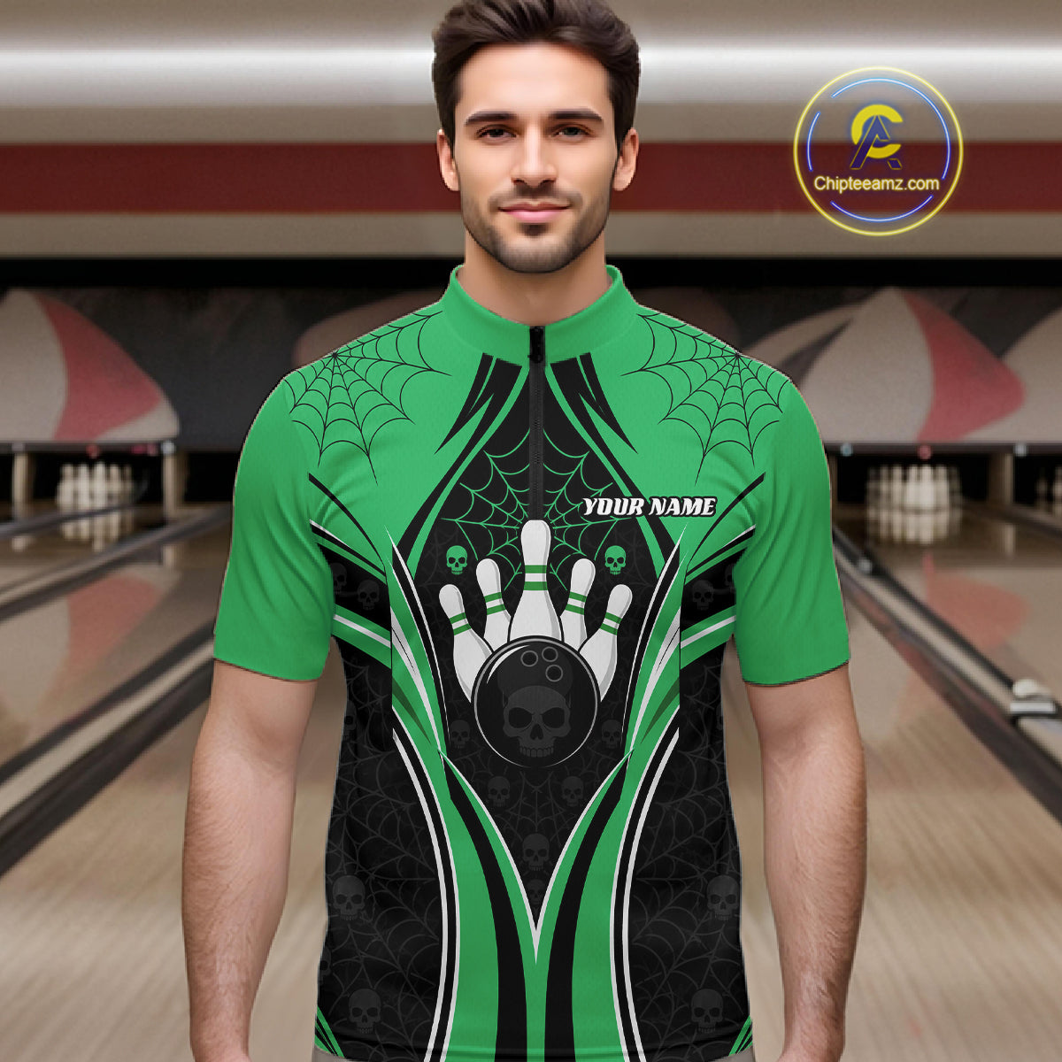 Custom Black And Green Skull Bowling Ball And Spider Web Halloween Men Quarter Zip Shirt IPHW11989