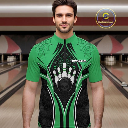 Custom Black And Green Skull Bowling Ball And Spider Web Halloween Men Quarter Zip Shirt IPHW11989