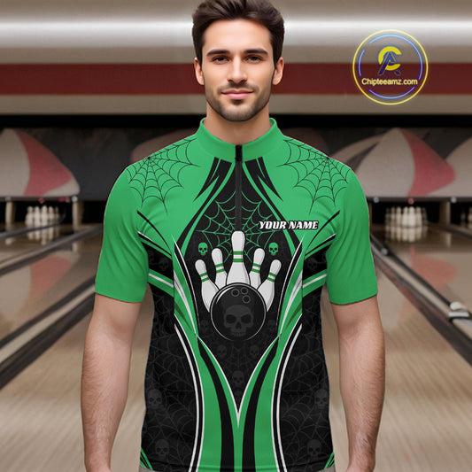 Custom Black And Green Skull Bowling Ball And Spider Web Halloween Men Quarter Zip Shirt IPHW11989
