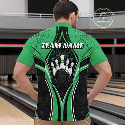 Custom Black And Green Skull Bowling Ball And Spider Web Halloween Men Quarter Zip Shirt IPHW11989