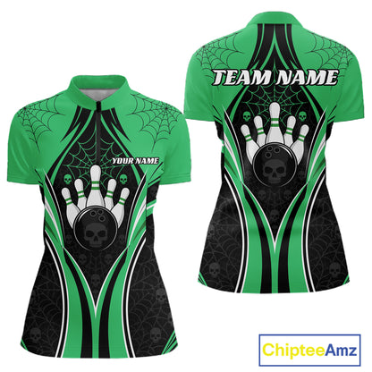 Custom Green Skull Bowling Ball And Spider Web Halloween Women Quarter-Zip Shirt IPHW11989