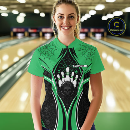 Custom Green Skull Bowling Ball And Spider Web Halloween Women Quarter-Zip Shirt IPHW11989