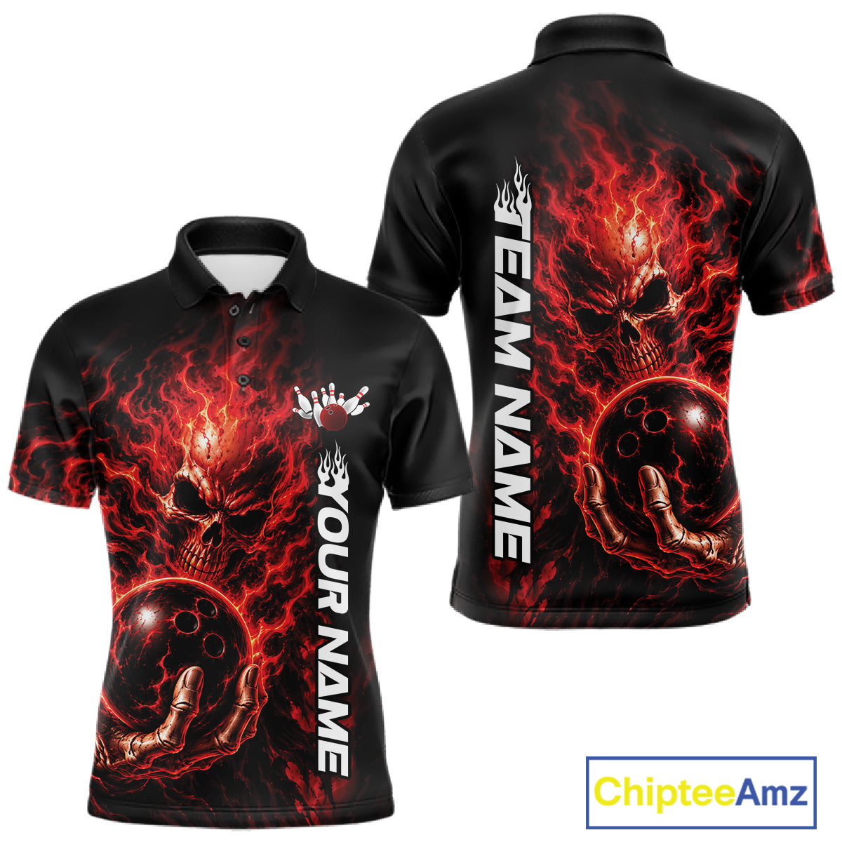 Custom Black And Red Flame Skull Halloween Bowling Team Men Polo Shirt, Bowling Jersey IPHW12003