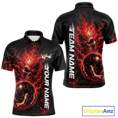 Custom Black And Red Flame Skull Halloween Bowling Team Men Polo Shirt, Bowling Jersey IPHW12003